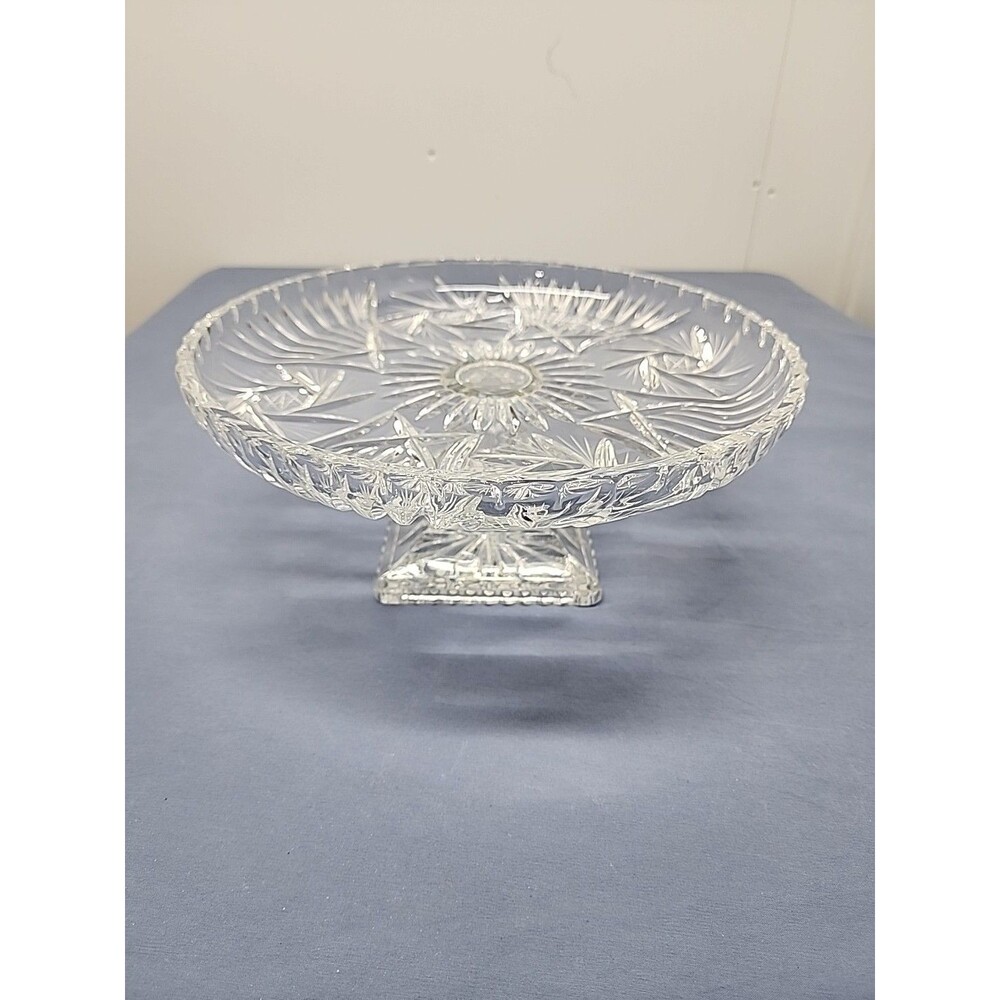 Vintage Pedestal Cake Plate Hand Cut Crystal Pinwheel And Fan Pattern Bohemia